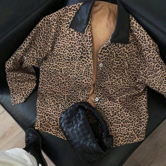 Leopard Print Patchwork Pu Collar Long Sleeve Pocket Women Jacket - Picture 7 of 8